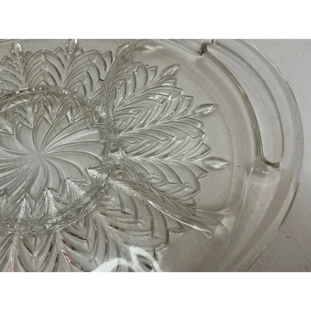 Vintage Glass Relish Tray Divided Serving Platter Feather Sunburst